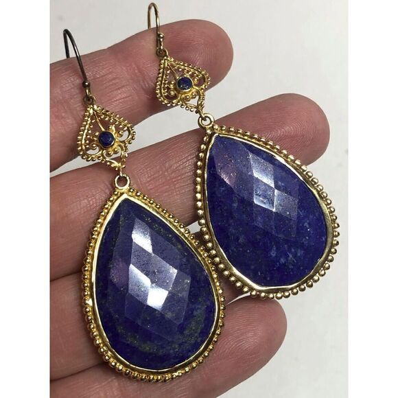 1520 Argento Vivo 925 18k plated Vermeil Lapis drop Earrings 19.2grams *read - Picture 1 of 2